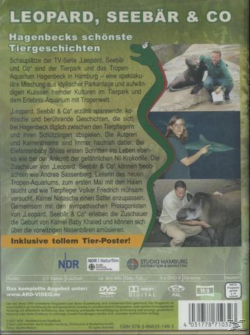 DVD-Rückseite. 'Leopard, Seebär & Co'. Bilder von Tieren und Menschen. Deutscher Text.