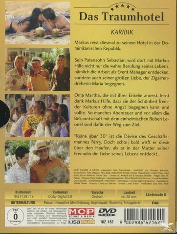 DVD-Cover. Deutscher Text und Bilder von Menschen am Strand und einer Gruppe von Personen. Titel: Das Traumhotel.
