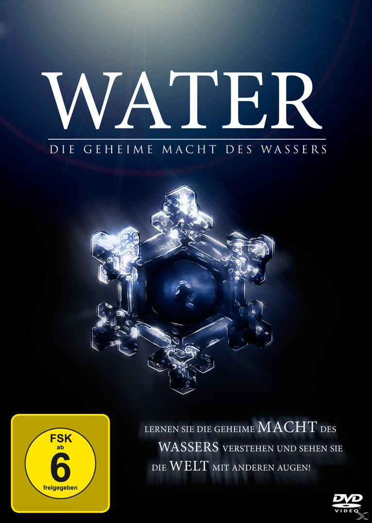 DVD-Cover. Eine Schneeflocke mit blauem Zentrum. Der Titel lautet WATER. Der Text darunter ist auf Deutsch.