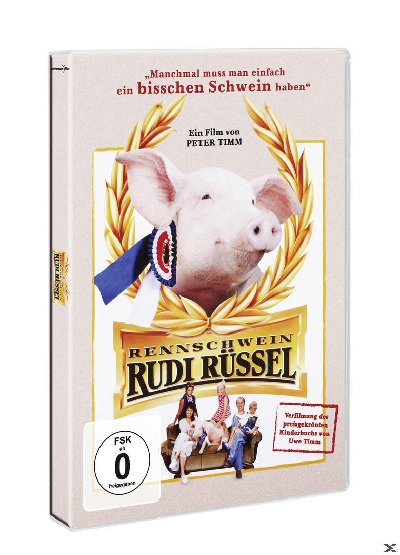 DVD-Cover: Ein Schwein mit Medaillenband auf einem Sofa mit Leuten, Filmtitel.