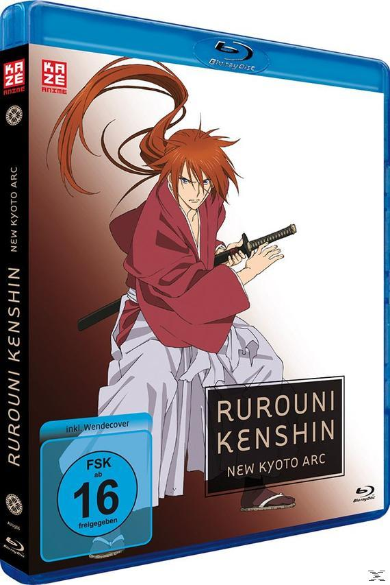 Anime-Blu-ray-Cover: ein Mann mit rotem Haar hält ein Schwert mit dem Titel 'Rurouni Kenshin: New Kyoto Arc'.