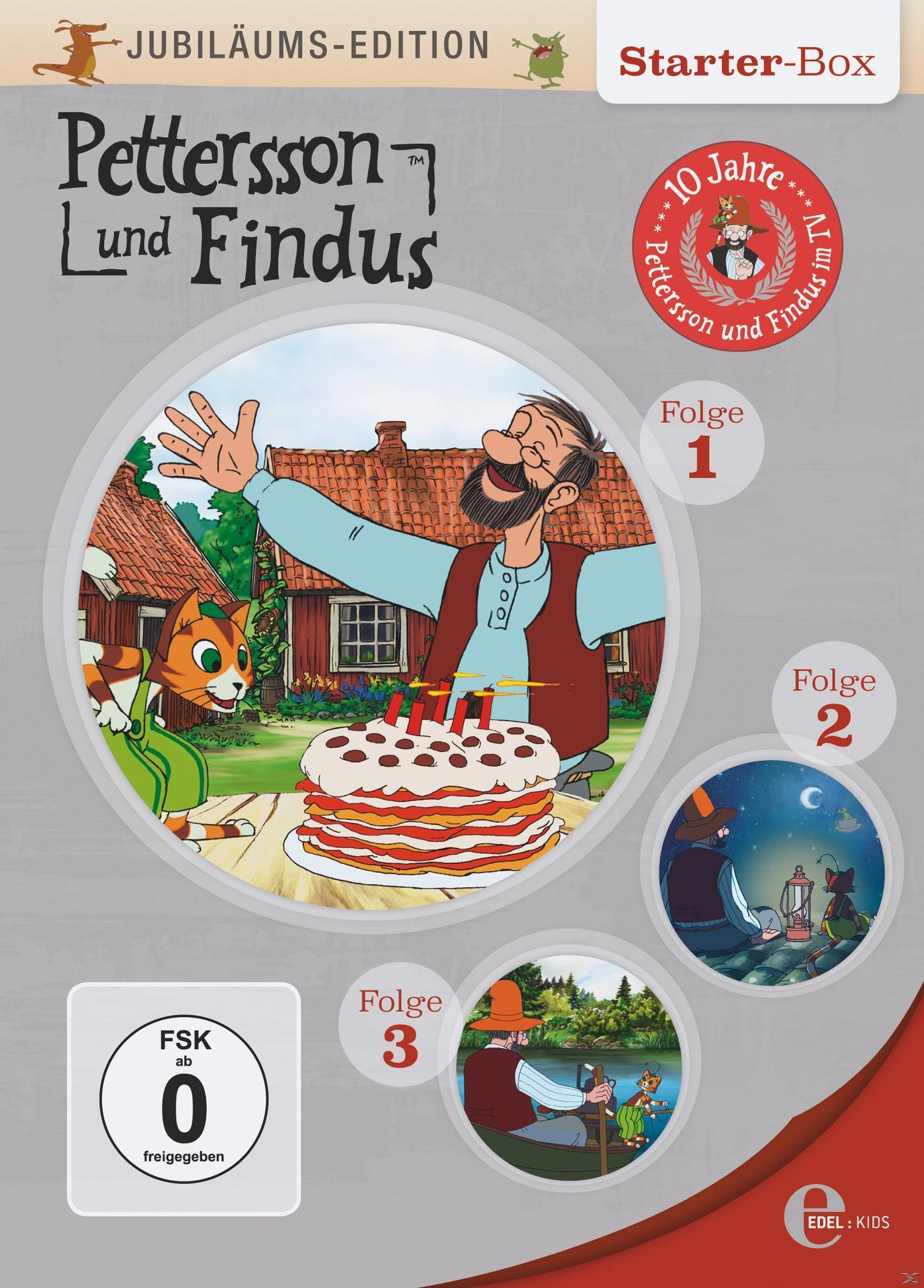 Albumcover für 'Pettersson und Findus'. Ein Mann mit Katze dekoriert Kuchen mit rundem Rahmen.