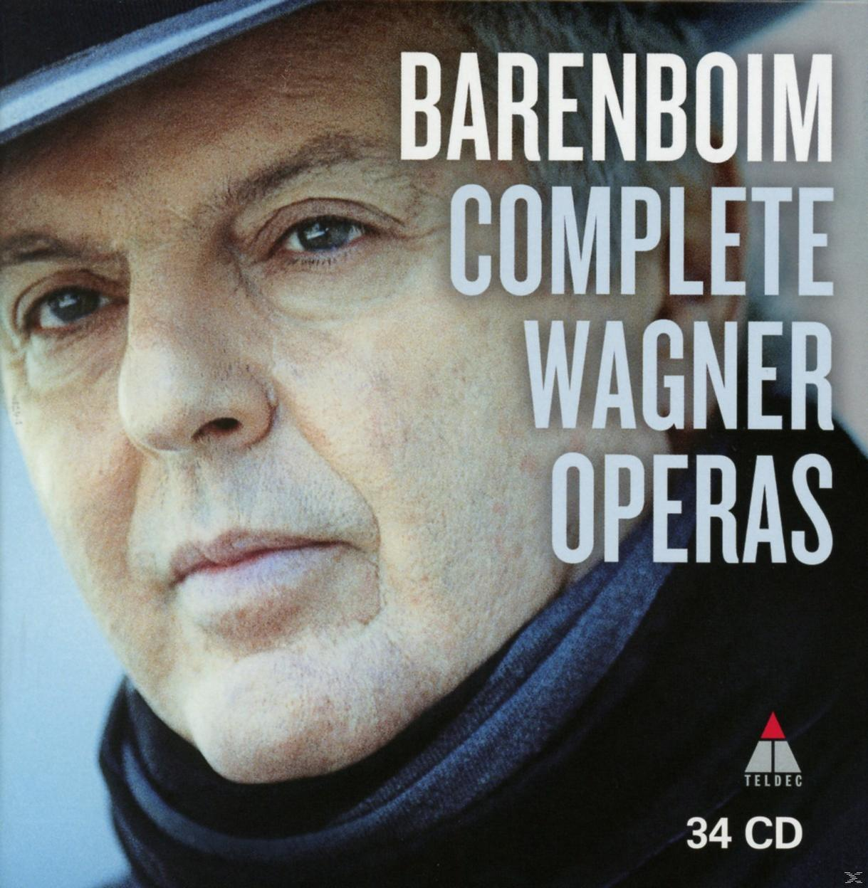 Album borító Barenboim arcával. Szöveg: "Barenboim Complete Wagner Operas", "34 CD".