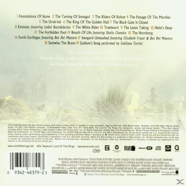 Rückseite mit einer Liste von Songs und Credits. Der Hintergrund ist dunkel mit Logos und Text.