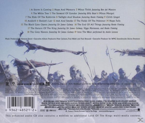 CD-Rückseite mit Titelliste und Credits für den Soundtrack "Der Herr der Ringe". Hintergrund ist eine Szene.