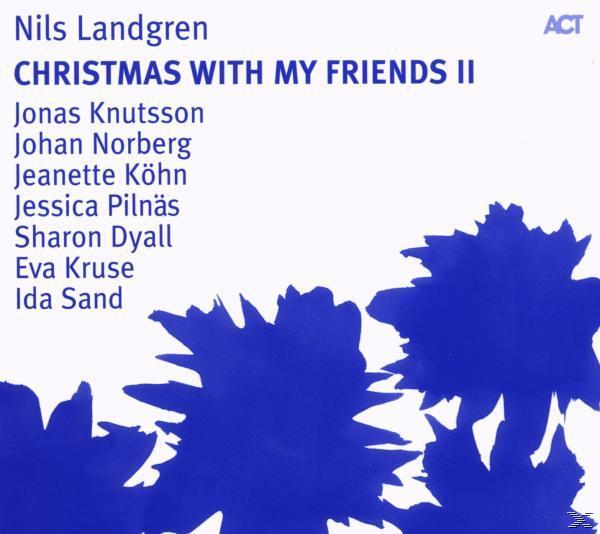 CD-Cover: Christmas With My Friends II. Namen aufgelistet. Blaue Formen unten.