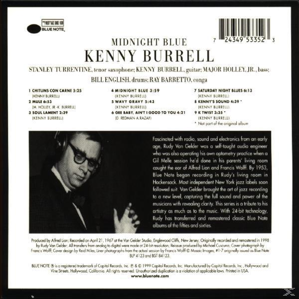 CD-Cover: Midnight Blue von Kenny Burrell. Titelliste. Schwarzweißfoto eines Mannes.