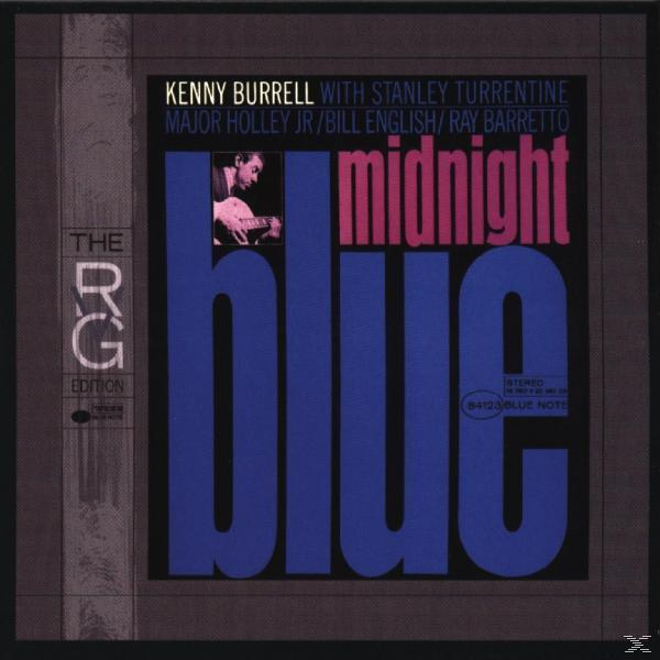 Kenny Burrell Albumcover. Midnight Blue Titel in großen Buchstaben. Mann spielt Gitarre in kleinem Bild.