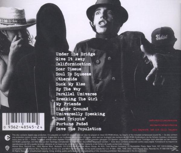 Schwarz-weißes Albumcover mit Red Hot Chili Peppers Mitgliedern und einer Titelliste.