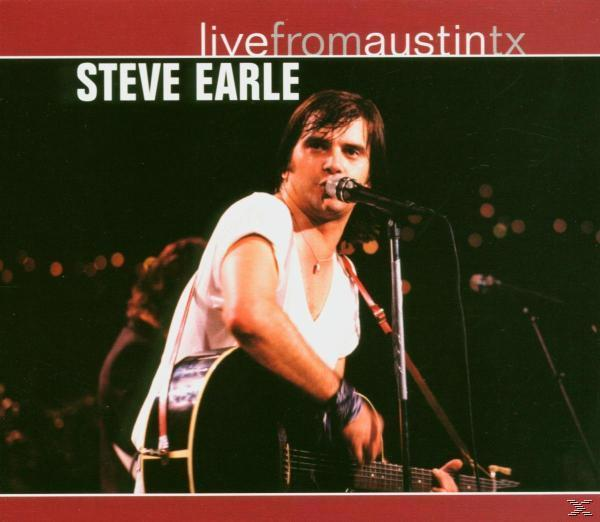 Steve Earle album borítója a színpadon gitározva. Piros szegély.
