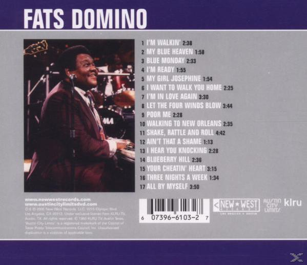 CD-borító: Fats Domino, Fats Domino zongorázás közben, dalok listájával.