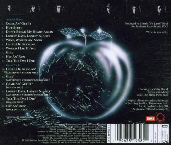 Die Rückseite eines Albums mit einem zerbrochenen Apfeldesign und Titellisten. Apple Records Logo und Text.