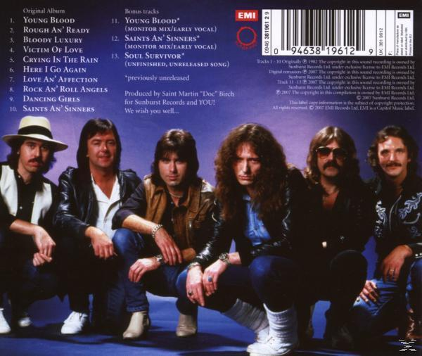 Album-Rückseite: Band von Männern, Titelliste, Text und Logo.