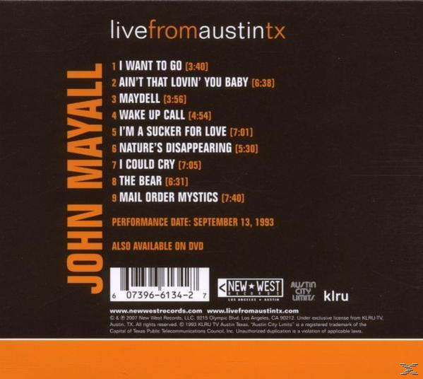 CD tok hátulja, számlistával és John Mayall előadó nevével. A CD 'livefromaustintx' felirattal.