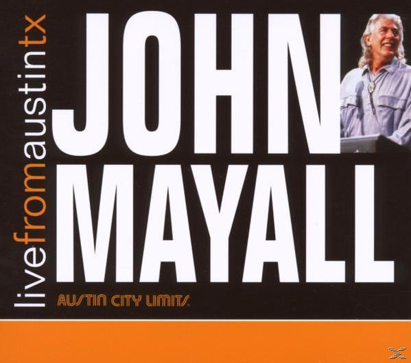 CD borító: John Mayall live. John Mayall képe szöveggel fekete háttéren.