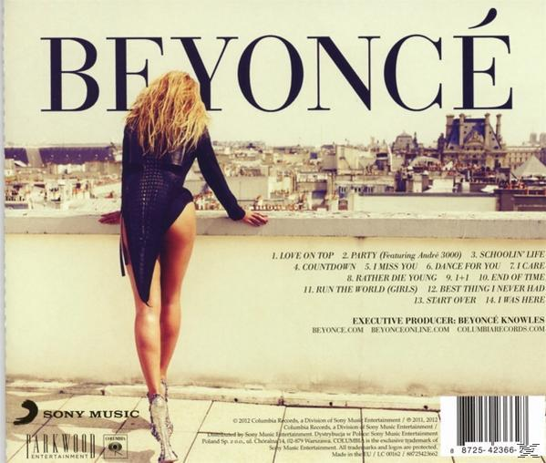 Beyonce-Albumcover. Sie steht auf einem Dach, mit dem Rücken zur Kamera, in einem schwarzen Outfit. Tracklist sichtbar.