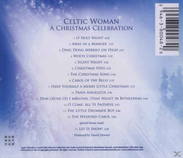 Albumcover mit Trackliste, der Text lautet 'Celtic Woman A Christmas Celebration'. Der Hintergrund zeigt eine Winterszene.