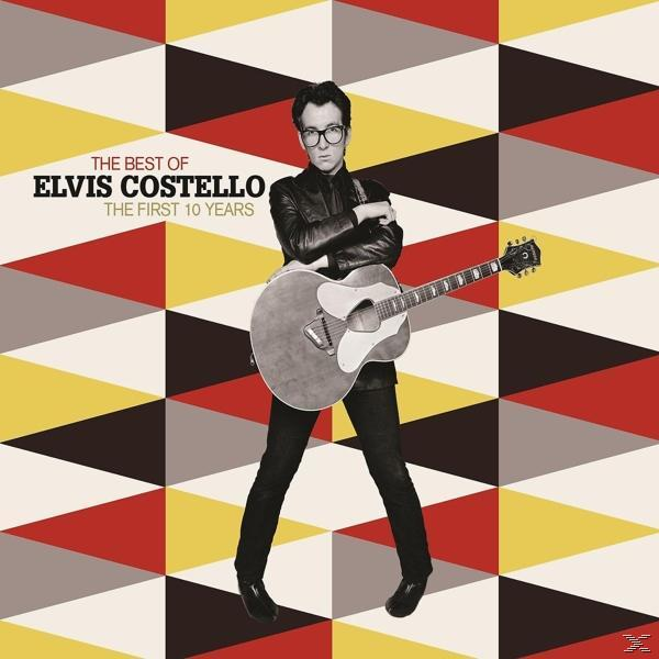 Albumcover von Elvis Costello. Er in Schwarz mit Gitarre vor geometrischem Hintergrund.