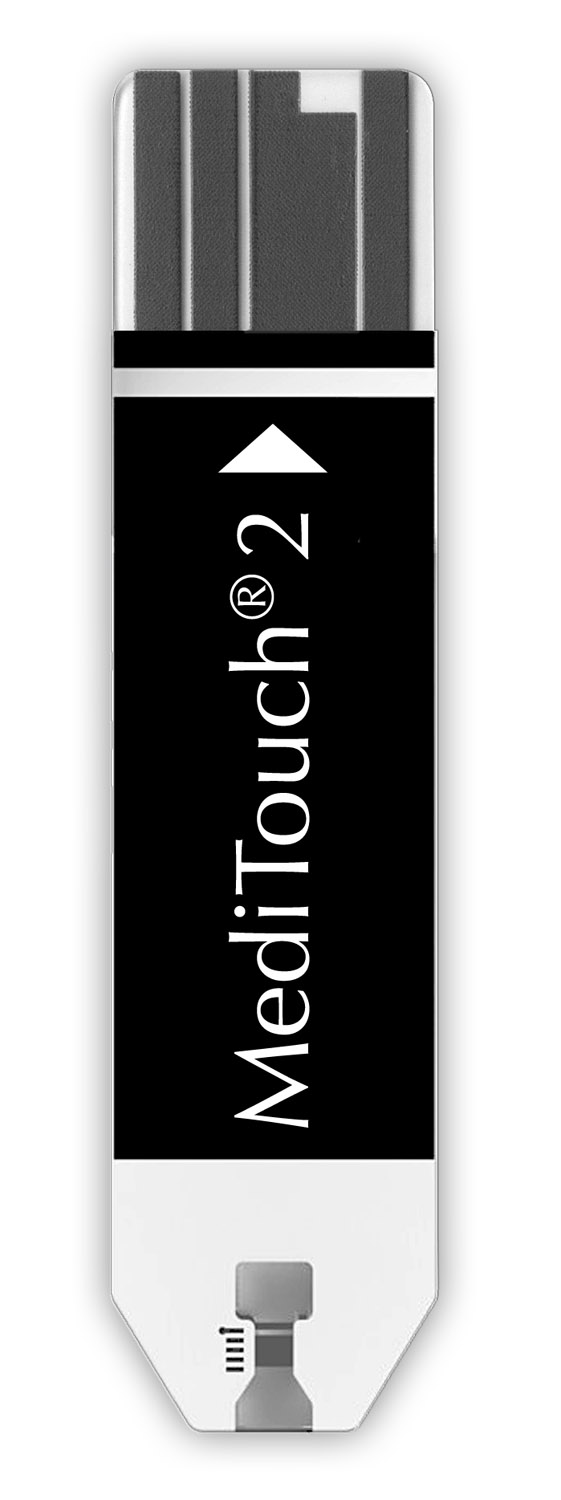 MediTouch 2 teststrip. Zwart-wit ontwerp met de merknaam en een pijl.