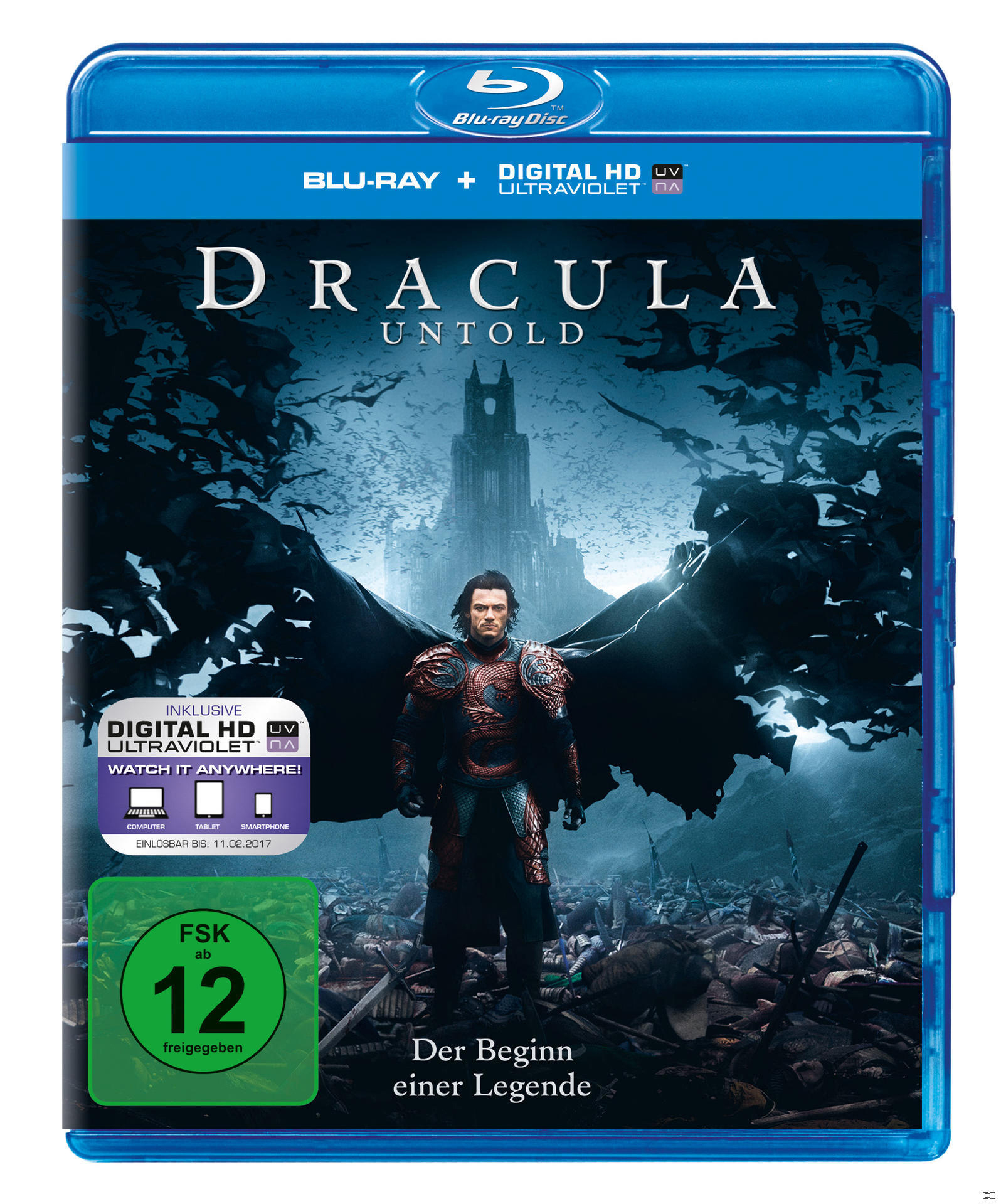 Blu-ray-Box. Zeigt das Dracula Untold-Cover mit einem Mann in Rüstung, Fledermäusen und Filminformationen.