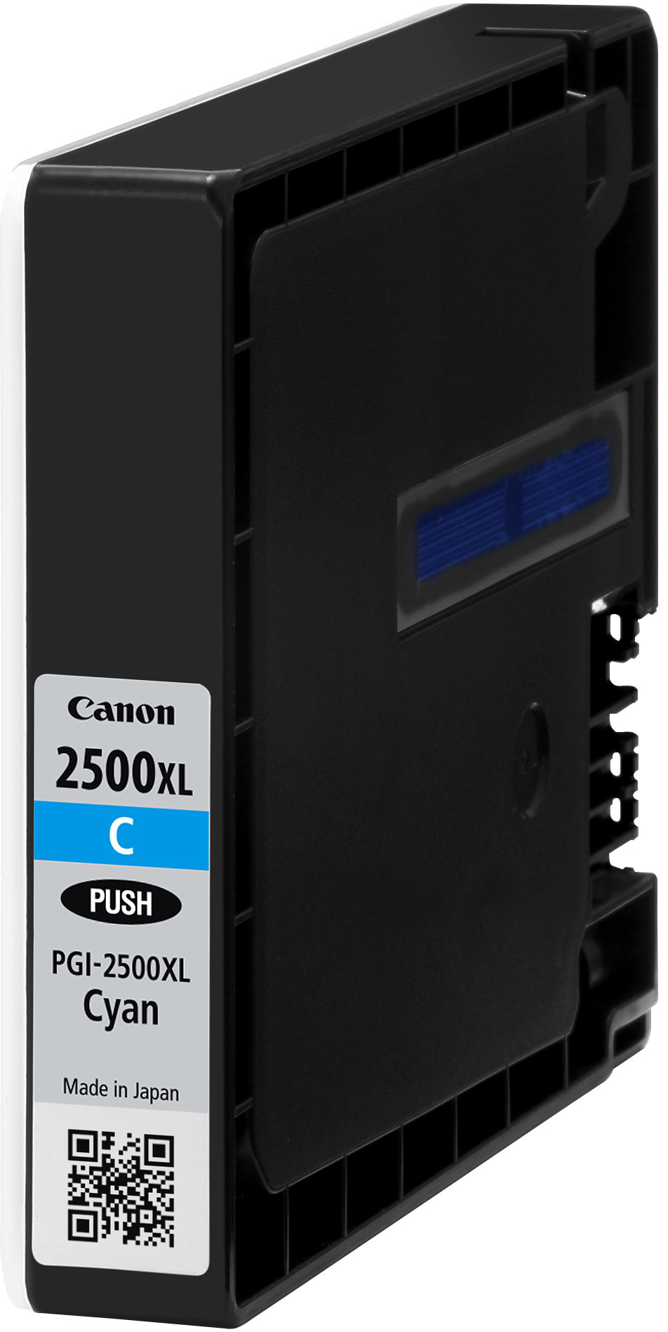 Nahaufnahme einer Canon 2500XL Cyan-Tintenpatrone.
