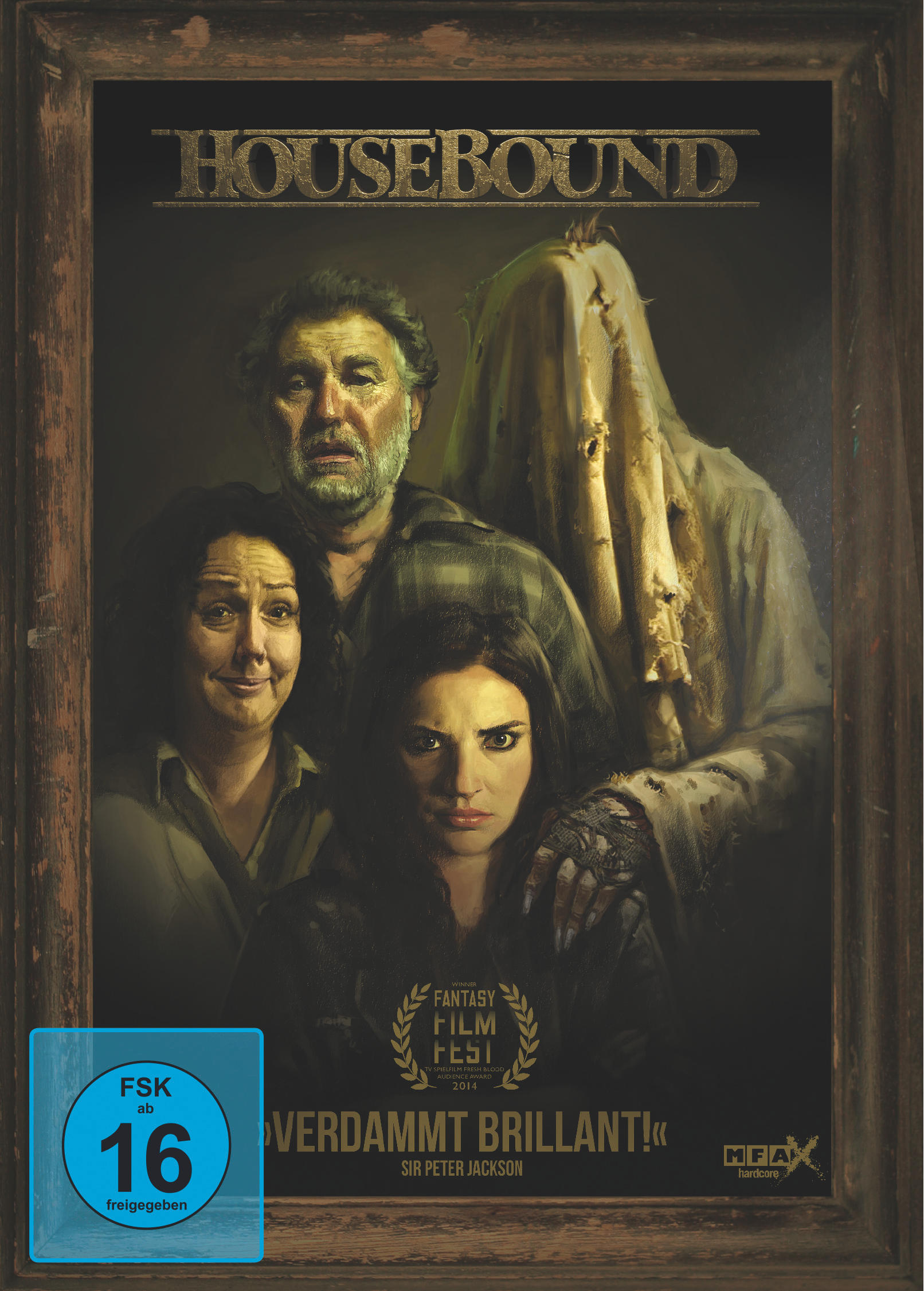 Filmcover: Gruppe von Personen mit ernsten Ausdrücken, gerahmt. Dunkle Töne, Text, Filmfestivallogo.