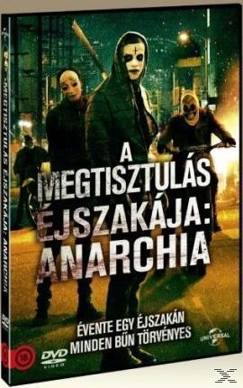 A 'Megtisztulás éjszakája: Anarchia' DVD borítója. Maszkos alakok sötét városban, magyar felirat. 'Minden bűn törvényes egy éjszaka.'