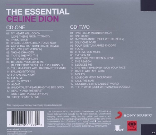 Achterkant van de cd The Essential Celine Dion. Bevat tracklists voor twee cd's, een logo en tekst.