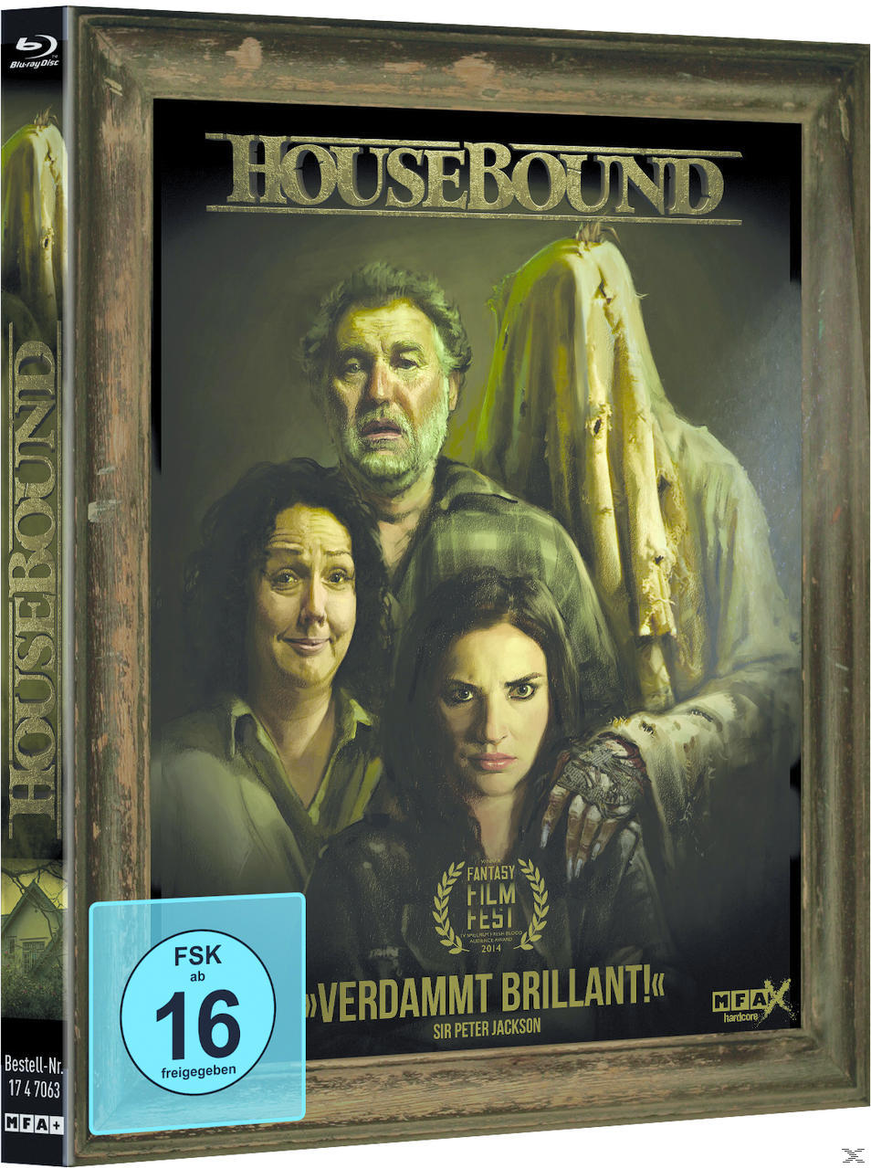 DVD-Cover. Vier Personen in einem gerahmten Kunstwerk. Text: Housebound.