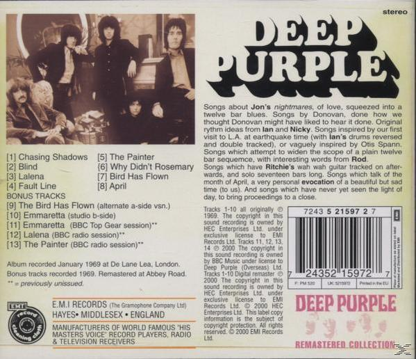 Deep Purple Album-Rückseite. Bandfoto in der Mitte, Titelliste und Text rechts, mit einem Logo.