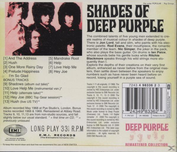 Albumcover von Shades of Deep Purple. Es enthält ein Gruppenfoto der Band und eine Titelliste auf cremefarbenem Hintergrund.