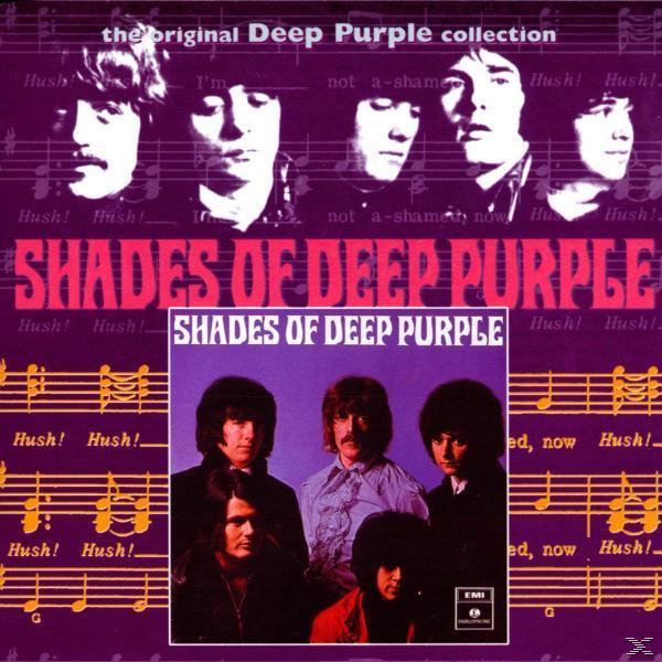 Albumcover: Deep Purple-Bandmitglieder, Text 'Shades of Deep Purple' und Noten.
