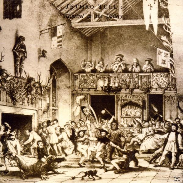Schwarz-Weiß-Bild einer mittelalterlichen Szene. Viele Menschen in einer Halle, tanzen und trinken. Ein Ritter und ein Drache.