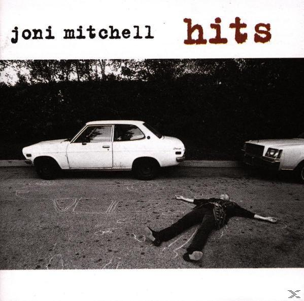 Album borító: Joni Mitchell 'Hits'. Fehér autó, test körvonal krétával, fekete háttér.