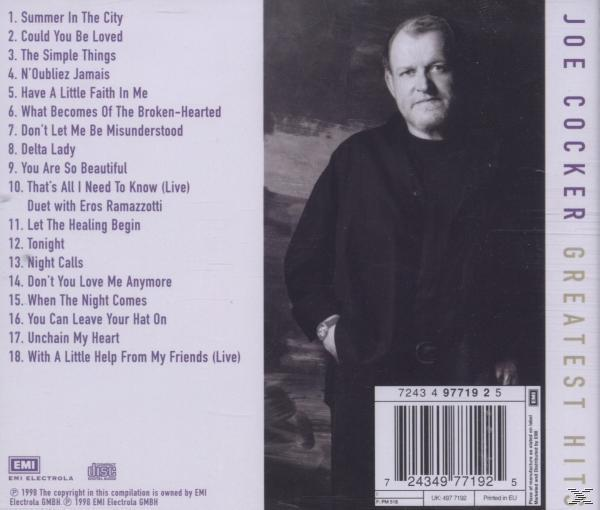 Rückseite einer CD mit einem Bild von Joe Cocker. Titelliste ist vorhanden. Der Titel lautet "Greatest Hits".
