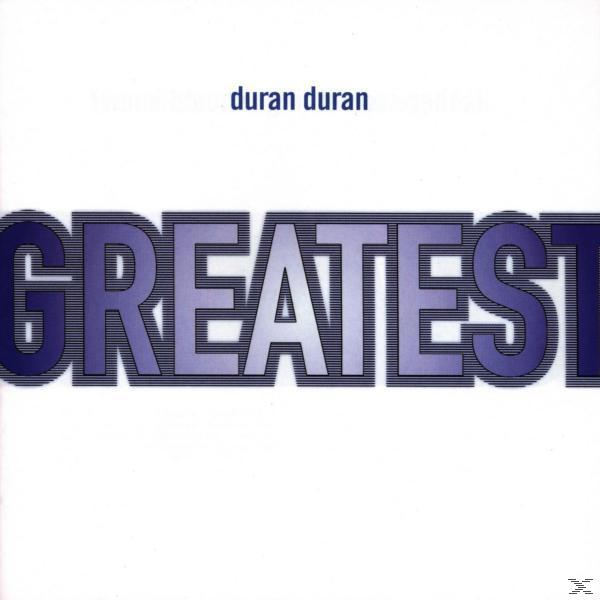 Album borító a 'GREATEST' szóval nagy lila betűkkel fehér háttéren. Felül 'duran duran'.
