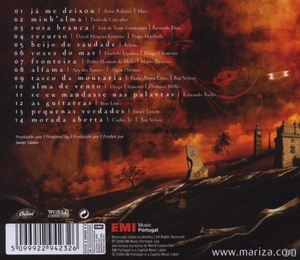 Albumcover mit portugiesischen Songtiteln, einem rötlich-orangen Farbton und einer Stadtsilhouette.