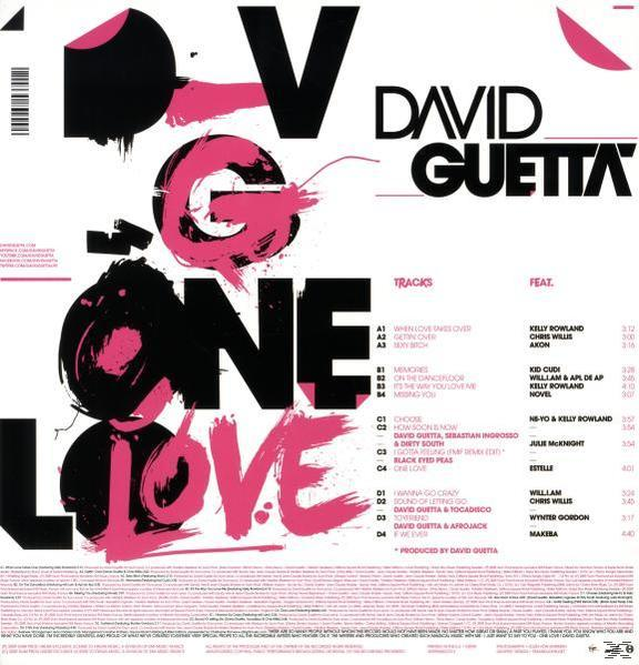 David Guetta album borító. Rózsaszín és fekete dizájn az 'ONE LOVE' szóval. A számok listája és a stáblista látható.