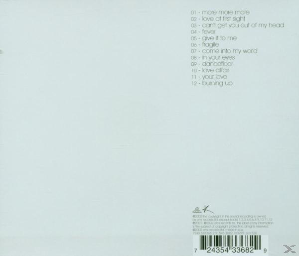 Album-Trackliste auf weißem Hintergrund. Text: 01-more more more, 02-love at first sight, 03-can't get you out of my head.