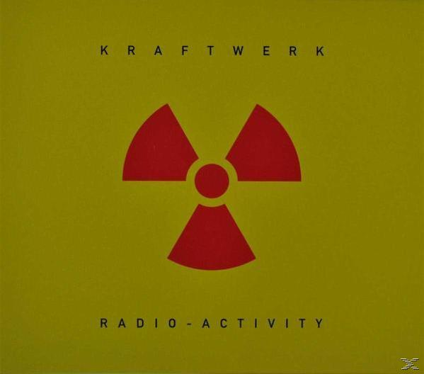 A Kraftwerk Radio-Activity albumjának borítója, piros radioaktív szimbólummal sárga háttéren.