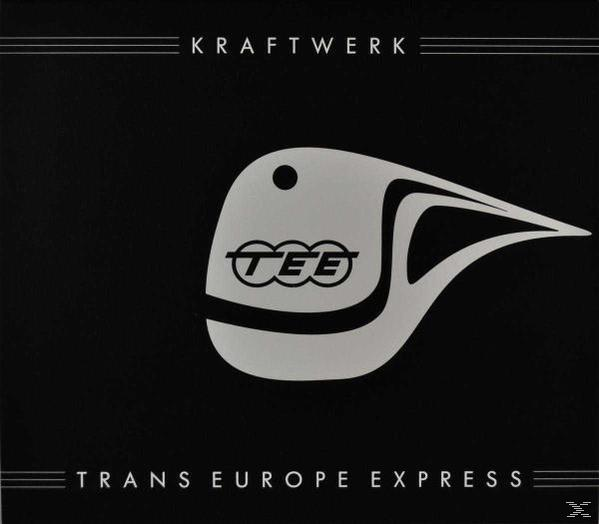 Fekete albumborító fehér TEE logóval. Szöveg: Kraftwerk, Trans Europe Express.