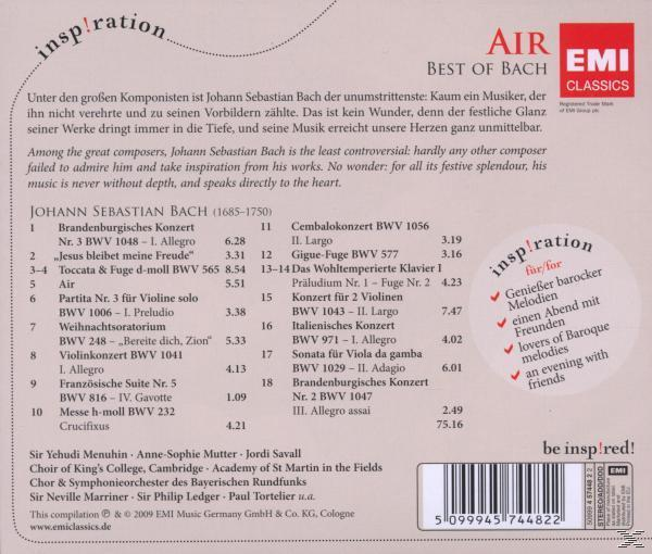Rückseite einer CD-Hülle mit Text über die Musik von Johann Sebastian Bach und einer Werkliste.