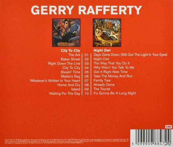 Gerry Rafferty Albumcover. Zwei Bilder des Künstlers. Text enthält Titellisten und einen Barcode.
