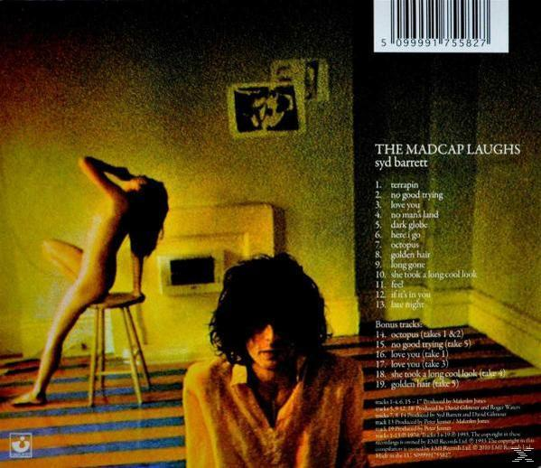 Albumcover, Syd Barrett. Rückseite mit Texten. Eine Frau und Syd sind anwesend.