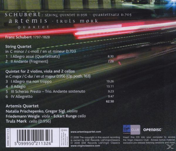 CD-Rückseite. Schubert: Streichquintett. Titelliste, Credits. Nachtstadt mit Lichtspuren.