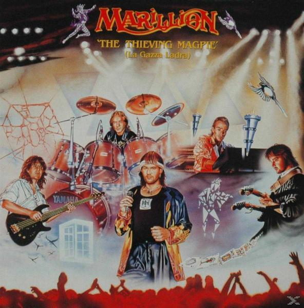 Albumcover: Marillion. Eine Band spielt auf der Bühne. Eine Elster und Figuren sind im Cartoonstil gezeichnet.