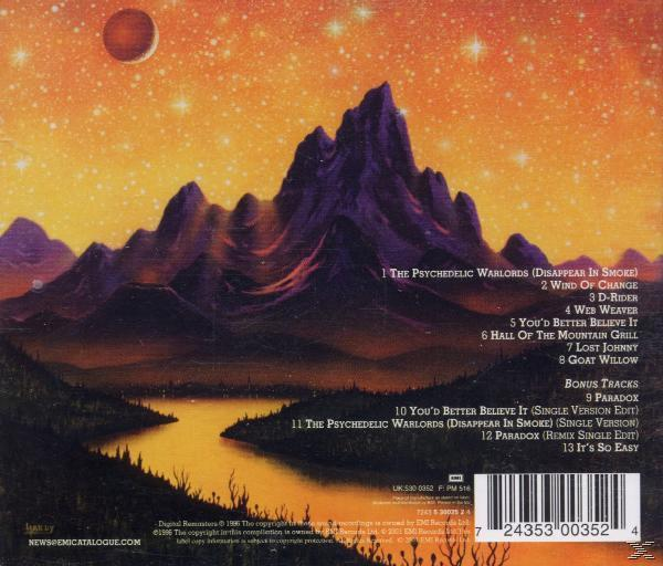 Albumcover-Kunst. Zeigt eine Berglandschaft mit Sonnenuntergang und Himmelskörper.