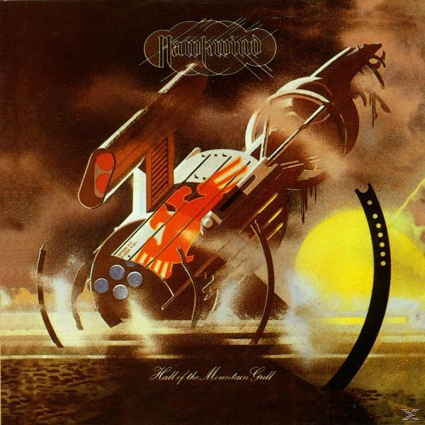 Albumcover: Titel 'Hawkwind'. Eine futuristische Maschine mit gelber Sonne im Hintergrund.
