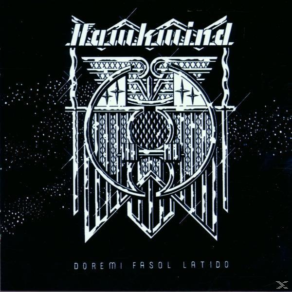 Albumcover mit schwarzem Hintergrund, weißem Logo und Text 'Hawkwind Doremi Fasol Latido'.