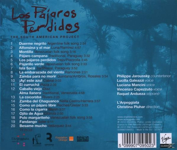 CD-Cover: Los Pajaros Perdidos. Titelliste, Text auf Spanisch und blauer Hintergrund.